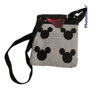 Disney Parks Mickey Mouse Striped Canvas Crossbody Purse Bag Logo Black White